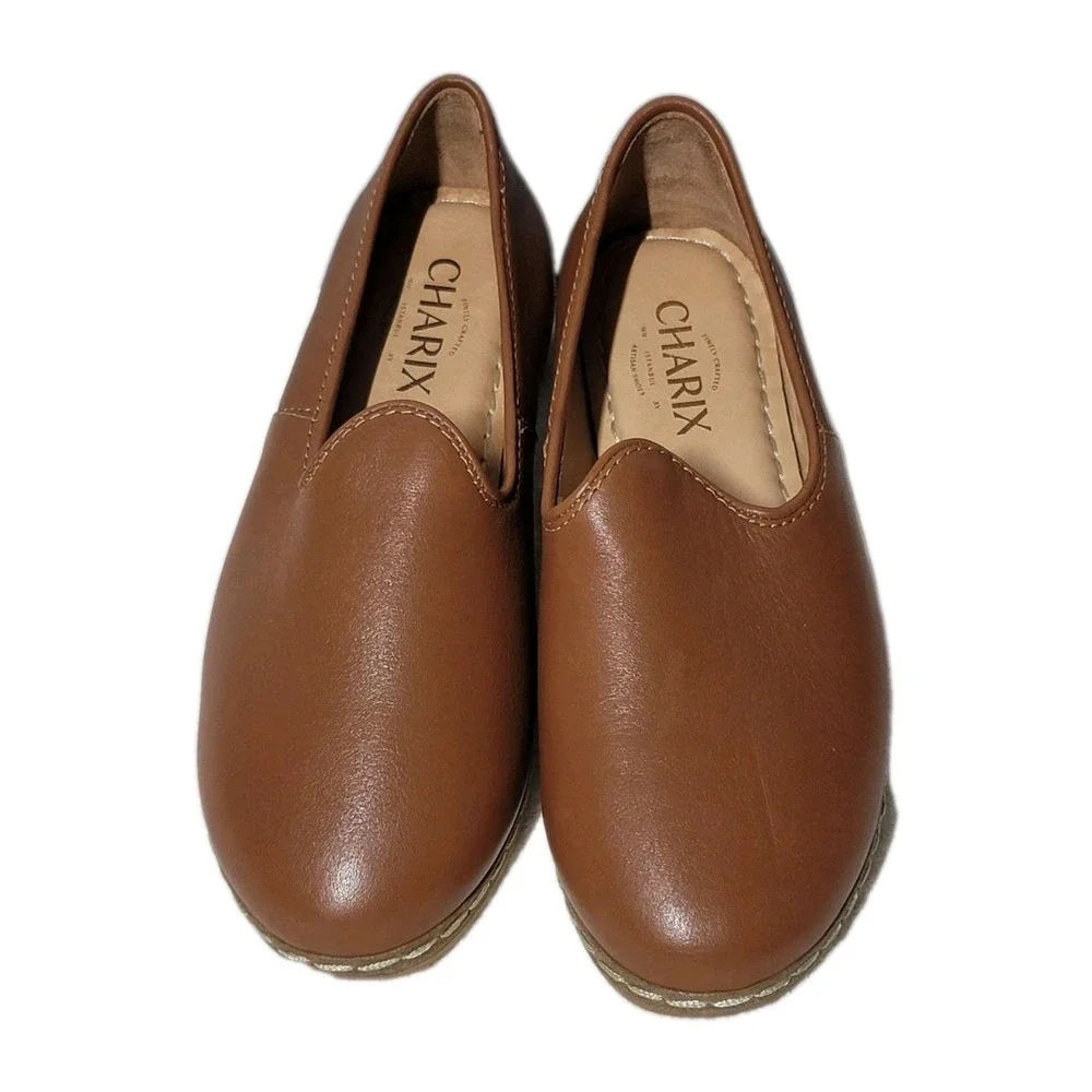 NNB Charix Size 5‎ Brown Classic Artisan Cognac Leather Slip On Flats Shoes